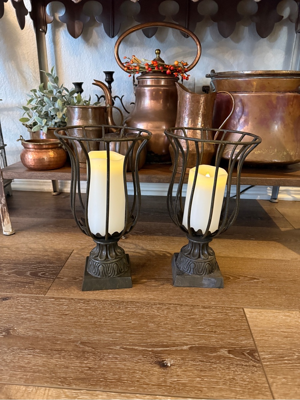 Vintage Rustic Elegance Openwork Metal Urn Pair Candle Holders - Picture 6 of 17